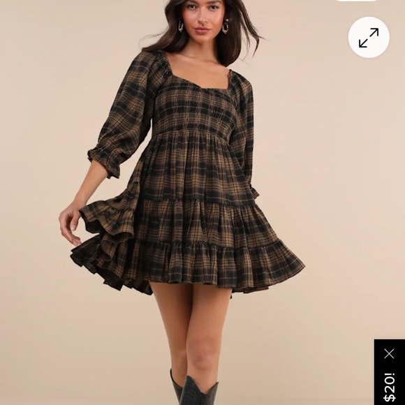 Lulus No One Cuter Black And Tan Plaid Puff Sleeve Tiered Mini Dress - Size S - Picture 3 of 4